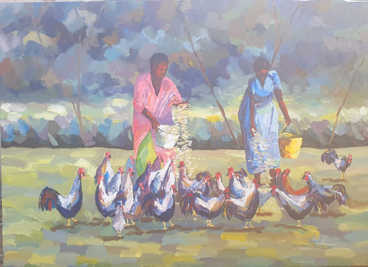 Women feeding chicken