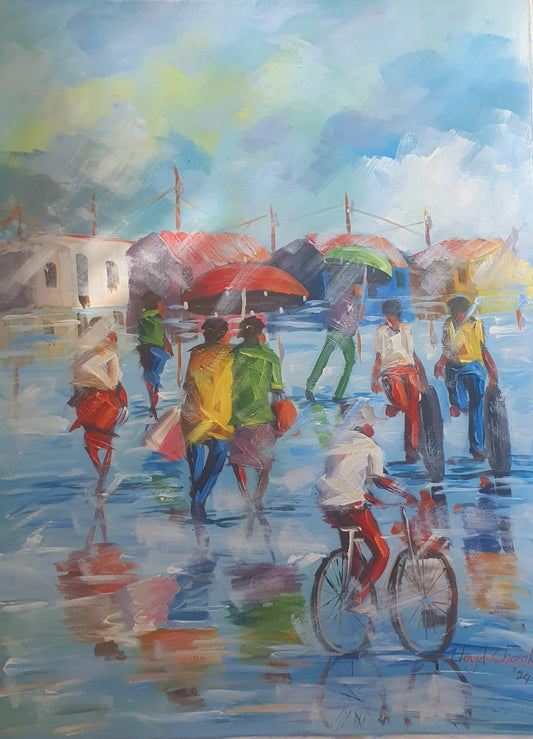Women walking in rain